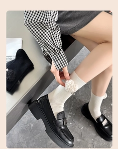 White ribbed mid-calf socks with fuzzy pom-pom detail and platform loafers on industrial floor