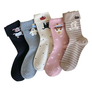 Five pairs of cute cartoon animal embroidered cotton crew socks in assorted pastel colors