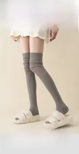 Detail of grey ribbed cotton over-knee socks showing soft knitted texture and elastic fit