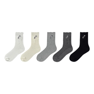 Set of 5 distressed cotton crew socks with safety pin embroidery in various colors