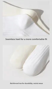 Close-up of seamless heel and reinforced toe on white cotton over-knee socks