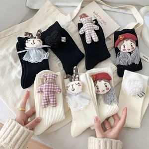 Women Mid Calf Cotton Socks 3D Cartoon Doll Detachable Ornaments Ribbed Kawaii Japanese Style