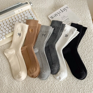 Women Ribbed Cotton Slouch Mid-Calf Socks With Sweet Bow Embroidery Japanese Style Breathable Comfortable Casual Hosiery