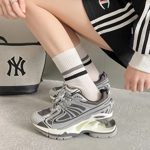 Grey and white platform sneakers with breathable mesh and hollow shock-absorbing sole