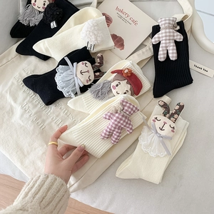 Cute cartoon doll crew socks in black and white knit cotton with 3D animal ornaments