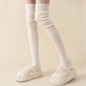 Women Thigh High Slouch Socks Combed Cotton Ribbed Knit Over Knee Stockings Breathable Solid Color Soft Elastic