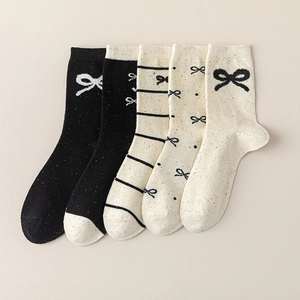 Women Crew Socks Cotton Blend Confetti Speckled Yarn Bowknot Heart Stripes Sweet Trendy Autumn Winter Mid Tube