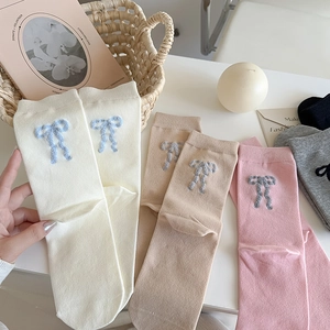 Chaussettes femme en coton avec broderie nœud en velours en plusieurs couleurs
