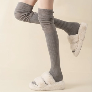 Grey over-the-knee cotton socks with ribbed texture and slouchy design for women
