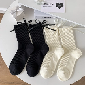 Women Combed Cotton Crew Socks Ribbed Knit Ribbon Bow Sweet Japanese Style Hosiery Mid-calf Breathable