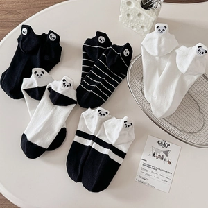 Women Ankle Socks Cotton Panda Embroidery Black White Striped Low Cut Casual Breathable Soft