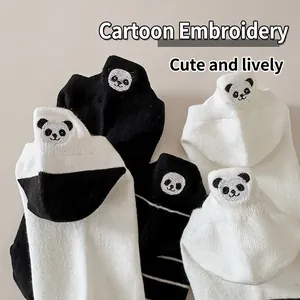 Women's cotton ankle socks featuring cute panda embroidery in black and white stripes