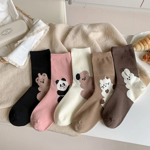 Women Mid Calf Socks Cotton Plush Cartoon Animal Bear Panda Patch Kawaii Japanese Style Autumn Winter Breathable