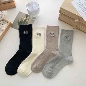 Women Mid Calf Socks Cotton Blend Bow Embroidery Ribbed Knit Japanese Style Preppy Soft Breathable Fashionable