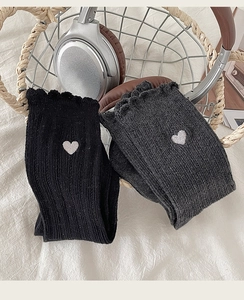 Détail de la maille et broderie cœur sur les volants de ces chaussettes style japonais