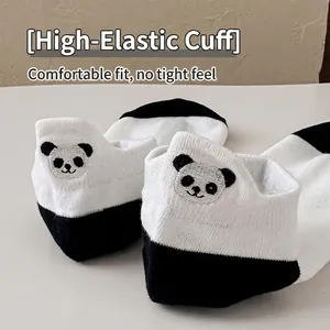 Women's cotton low cut socks with panda embroidery and elastic cuffs in black and white