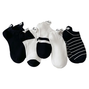5-pack panda embroidery low cut socks in black and white minimalist cotton knit style