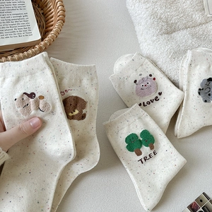 Women Mid Calf Socks Speckled Cotton Blend Cartoon Animal Embroidery Cute Patterned Soft Breathable Casual Autumn Winter Crew Hosiery