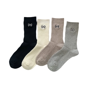 Set of 4 Japanese style cotton socks with bow embroidery in black, white, and grey tones
