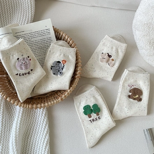 Cozy cream-white mid-calf socks with cute cartoon bear and tree embroidery for women
