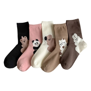 Five pairs of cotton crew socks with 3D plush cartoon animal embroidery in various colors