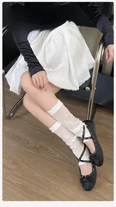 Detailed view of white mesh leg warmers in sweet ballet style with breathable sheer texture