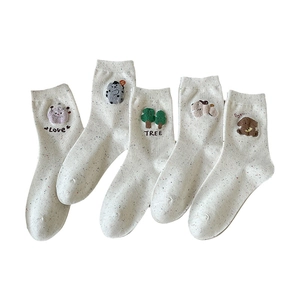 Five-pair set of Korean style white crew socks with cute cartoon 3D embroidery patches