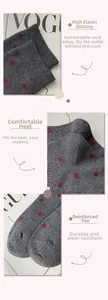 Detail view of high elastic cuff, comfortable heel and reinforced toe of grey knit socks