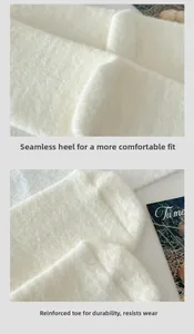 Detail of seamless large heel and reinforced toe on soft white fleece winter socks