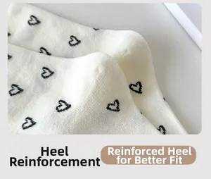 Detail of reinforced heel on white knitted socks with black heart pattern