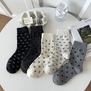 Women Cotton Crew Socks Korean Style Sweet Heart Bow Star Pattern Breathable Elastic Mid-calf Casual Daily Hosiery