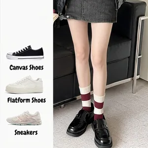 Retro red and white striped crew socks with embroidery bow for women in academia style