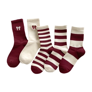 Five-pack of red and beige crew socks with bow embroidery and college style stripes