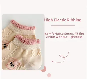 Close-up of pink lettuce trim and cartoon bear pattern on elastic cotton socks