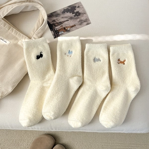 Women Winter Thickened Warm Mid Tube Socks Animal Embroidery Cat Rabbit Fox Duck Coral Fleece Cute Indoor Floor Sleeping Socks