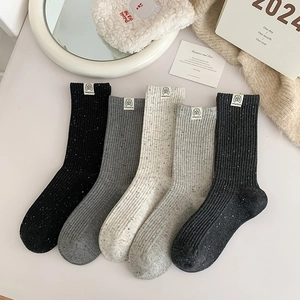 Women Crew Socks Cotton Blend Ribbed Knit Speckled Flecked Yarn Japanese Style Dog Patch Breathable Casual Daily Wear