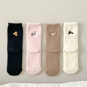 Women Winter Thickened House Socks Cute Animal Embroidery Warm Coral Fleece Plush Sleeping Home Floor Socks