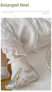 Detail of white lace mesh socks showing the enlarged heel design for anti-slip comfort