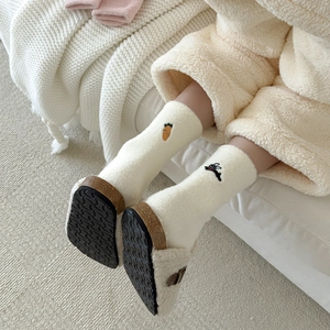 Plush off-white winter socks with cute animal embroidery and fuzzy home slippers