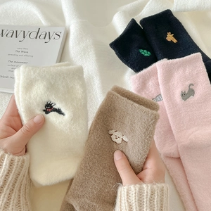 Thick velvet winter socks for women featuring cute animal embroidery in various colors