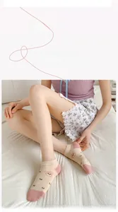 Detail of cotton no-show socks featuring a pink bear pattern and ribbed cuffs for women