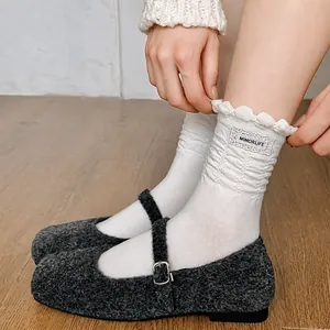 White ruffle knit mid-calf socks with MIMORLIFE label and high elastic cuffs