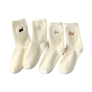 Thick velvet crew socks set with cute animal embroidery for winter warmth in cream white