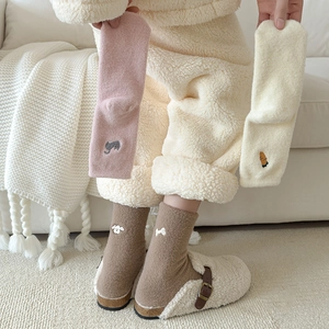Thick velvet crew socks for women featuring cute animal embroidery and plush warm texture