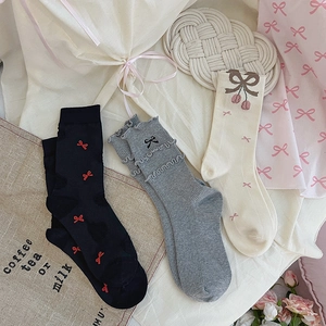 Calze Al Polpaccio Donna Cotone Pettinato Dolce Ricamo Fiocco Bordo Con Volant Stile Coreano Kawaii Moda Morbido