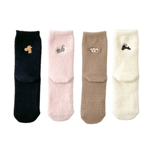 Thick warm winter thermal socks with cute animal embroidery in four soft colors
