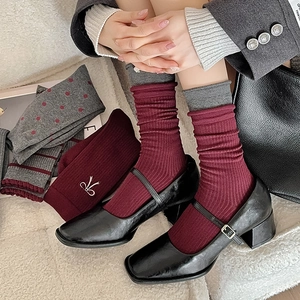 Retro burgundy and grey layered slouch socks with delicate white bow embroidery