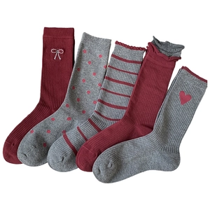 Five-pack of cotton crew socks featuring bow embroidery and vintage red polka dots