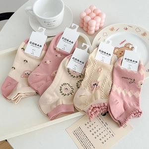 Women Ankle Socks Combed Cotton Cartoon Bear Floral Print Seamless Toe Sweet Low Cut Boat Socks For Girls