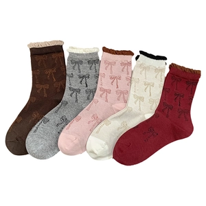 Five pairs of women's knit crew socks with bow jacquard patterns and ruffled edges